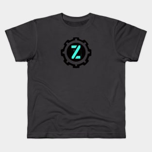 Ice Blue Letter Z in a Black Industrial Cog Kids T-Shirt